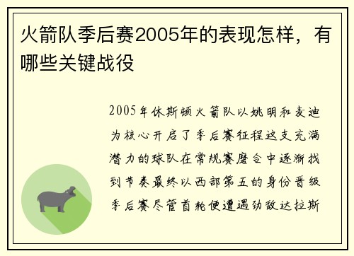 火箭队季后赛2005年的表现怎样，有哪些关键战役