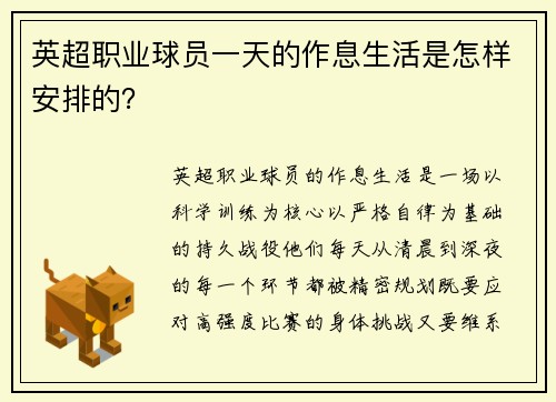 英超职业球员一天的作息生活是怎样安排的？